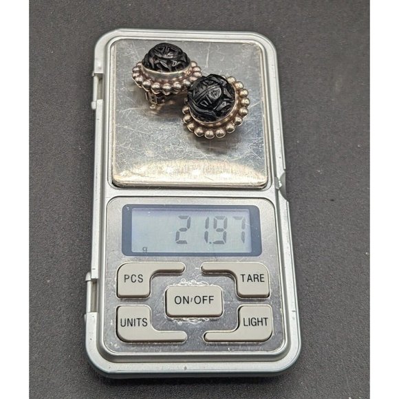 Unsigned Stephen Dweck Sterling Silver Carved Black Shao Design Clip On Earrings - Picture 9 of 11